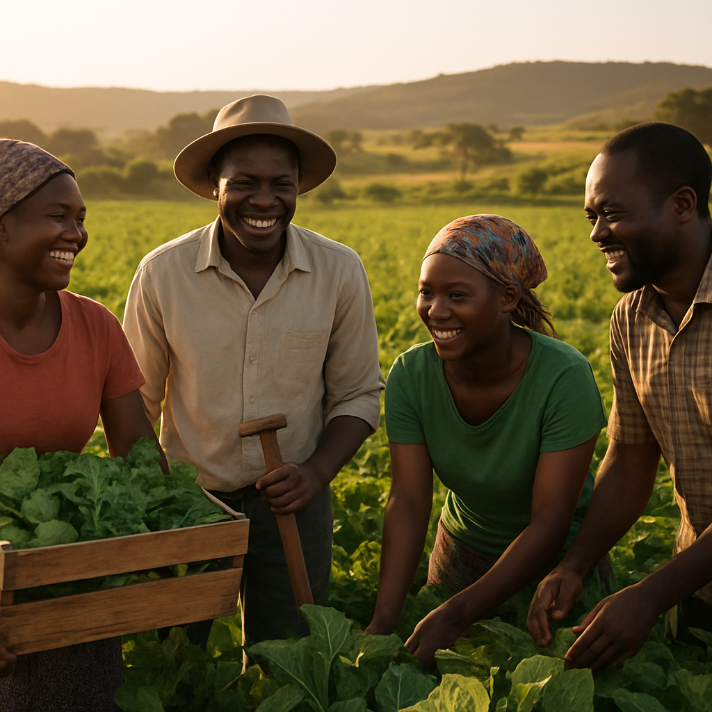 Zimbabwean farmers and small business owners working together in a sunlit field